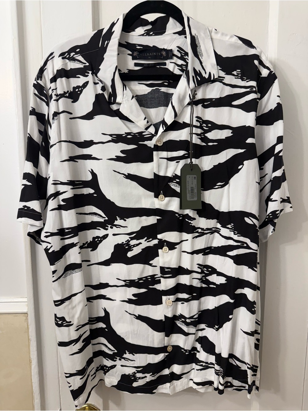 All Saints Black & White Abstract Print Short Sleeve Shirt